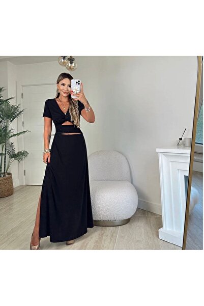 BUKETLİ Women's Twisted Front Slit Short Sleeve A-Line Model Sandy Fabric Dress