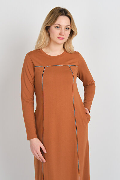 Sistas Women's Shiny Stone Detailed Long Sleeve Double Pocket Dress 23824 Tile