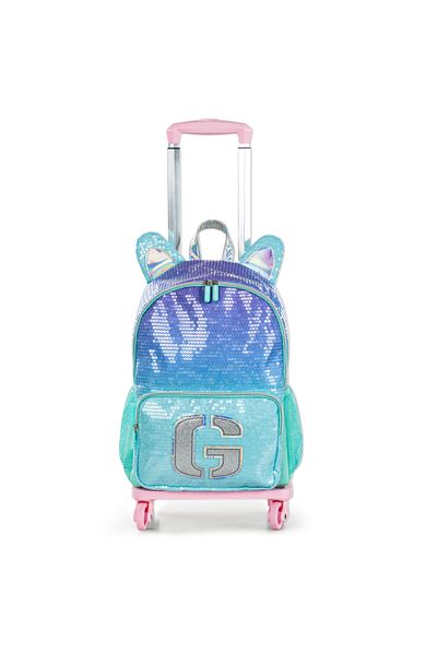 Eazy Kids مجموعة من 4 حقائب ظهر مقاس 17 بوصة مع عربة بأربع عجلات وحقيبة غداء وحافظة أقلام - لون أخضر لامع للبنات