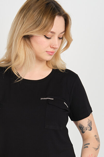 Sistas Women's Cover Pocket Crew Neck Short Sleeve Blouse 4144 Black