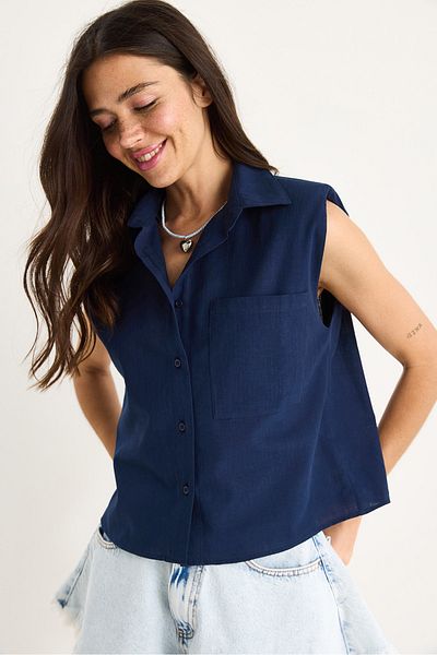 Bianco Lucci Women's Padded Thick Strap Linen Textured Cotton Shirt G28-4912 60283351