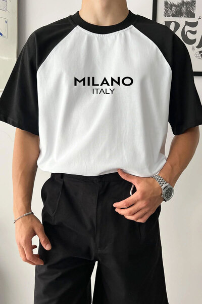 Cool mans Tricou oversize cu mâneci raglan, alb-negru, cu imprimeu Milano