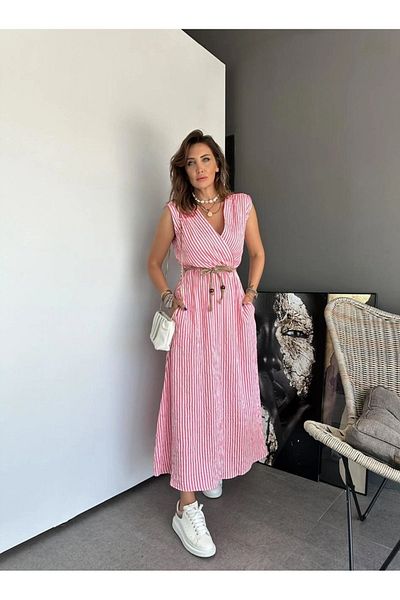 QİMYA BUTİK EXOTIC ASORTIC - Rochie de damă, fără mâneci, cu guler dublu, cu brâu din paie