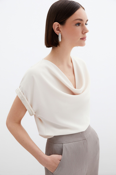 Sateen Μανίκια Πέτρινη Λεπτομέρεια Casual Μπλούζα - Μπεζ