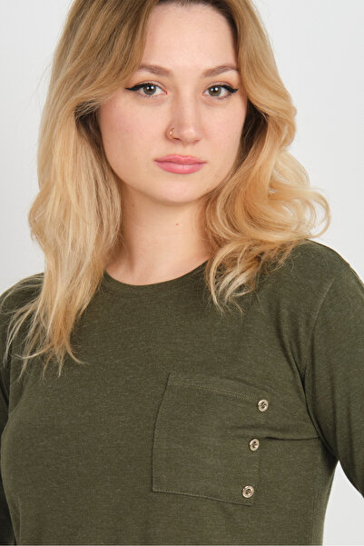 Sistas Women's Single Pocket Crew Neck Long Sleeve Blouse 24525 Khaki