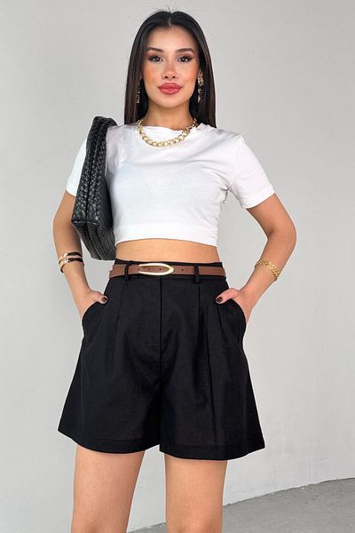 Cappmoda Şrt-16028 Black Pocket High Waist Short Linen Shorts