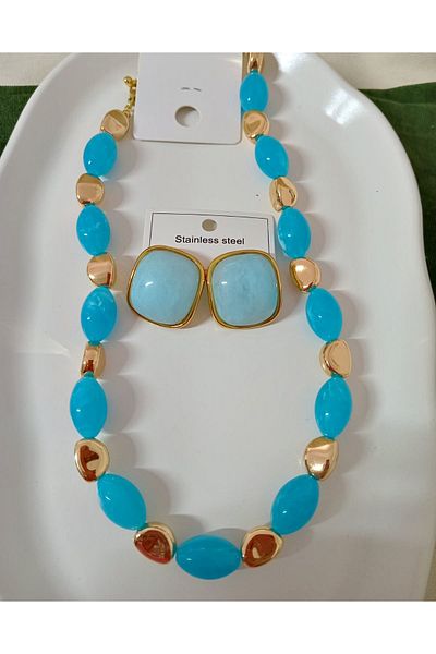 mos&more Blue Beaded Stylish Women's Necklace Earring Set