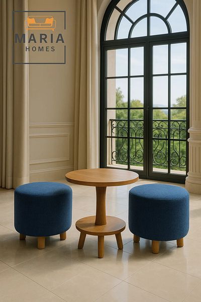 MARIA HOMES Round Blue Velvet Ottoman Stool – Modern Wooden Legs for Living Room or Bedroom