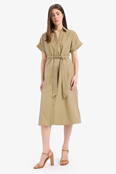 DeFacto A-Linien-Kleid mit Hemdkragen und Gürtel in Khaki für Damen E6489AX/K...