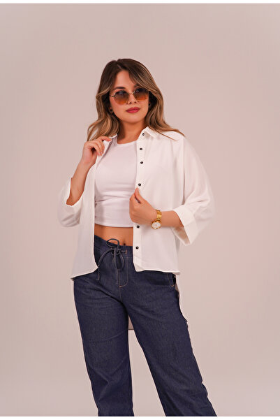 kadın önü kısa arkası uzun truvakar kollu oversize gömlek