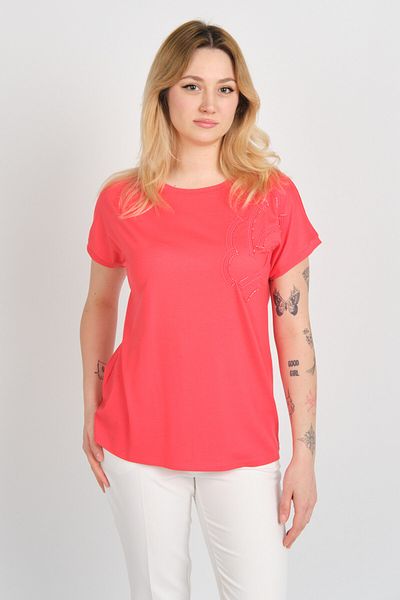 Sistas Women's Embroidery Detailed Low Sleeve Crew Neck Blouse 24275 Coral