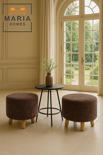 MARIA HOMES Round Brown Velvet Ottoman Stool – Modern Pouffe Footrest with Wooden Legs for Home Decor