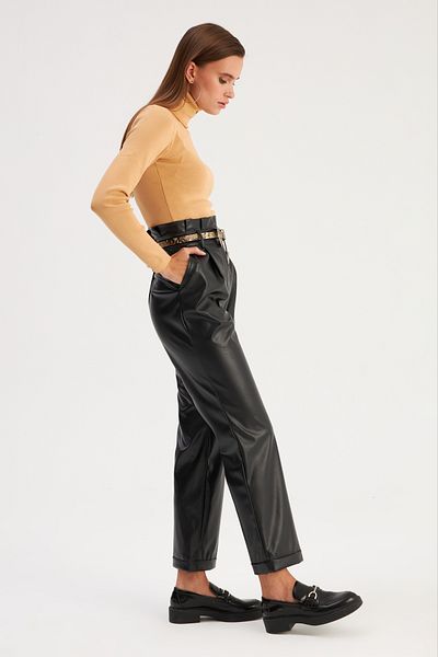Sateen Double Leg Belted Leather Trousers - Black