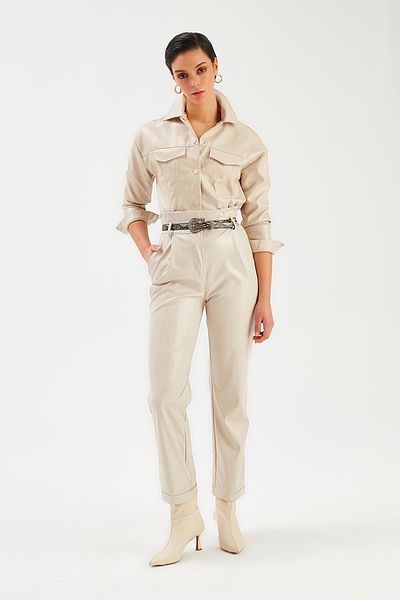Sateen Double Leg Belted Leather Trousers - Stone