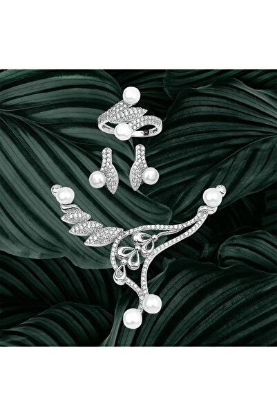 TRİA SİLVER 925 Ayar Gümüş Dizime Uygun İnci Ucu Yaprak ve Damla Model Takı Seti | Kolye Ucu, Yüzük ve Küpe