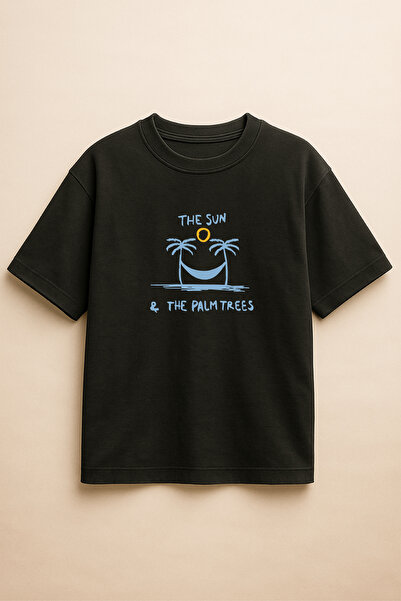 Altair Tr تي شيرت أسود اللون كبير الحجم مطبوع عليه أشجار الشمس والنخيل للجنسين