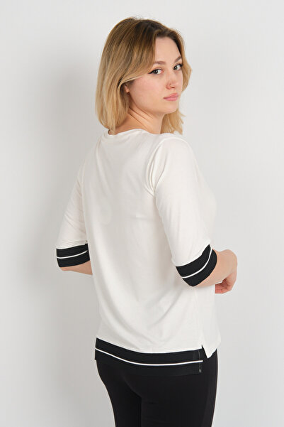 Sistas Women's Three Quarter Sleeve Short Front Long Back Double Color Fabric Blouse 24031 Ecru