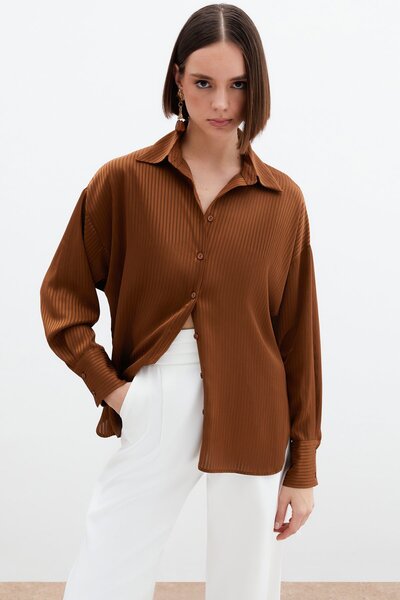 Sateen Kendinden Çizgi Desenli Gömlek - Kahve