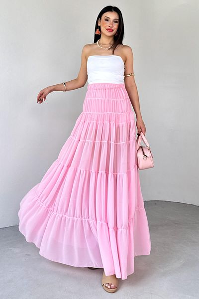 Cappmoda ETK-02338 Fusta lungă căptușită din șifon roz, cu detaliu în straturi