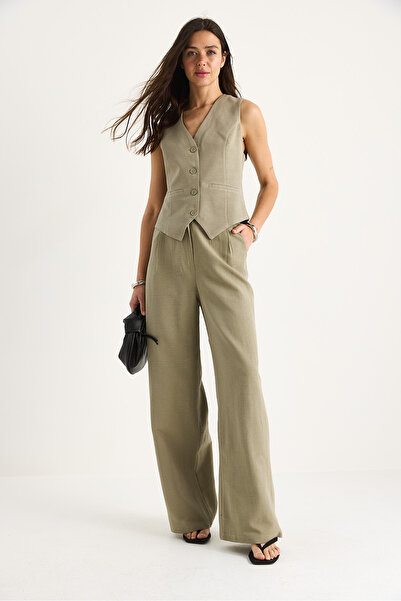 Bianco Lucci Γυναικείο λινό γιλέκο με ψηλόμεσο παντελόνι κάτω-πάνω κοστούμι 9257 60281047