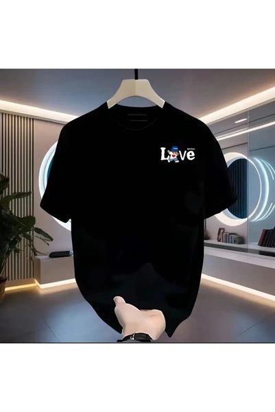 LOTS MODA تي شيرت ريترو كاجوال للرجال مصنوع من القطن بنسبة 100% - بأكمام قصيرة، أسود "LOVE"
