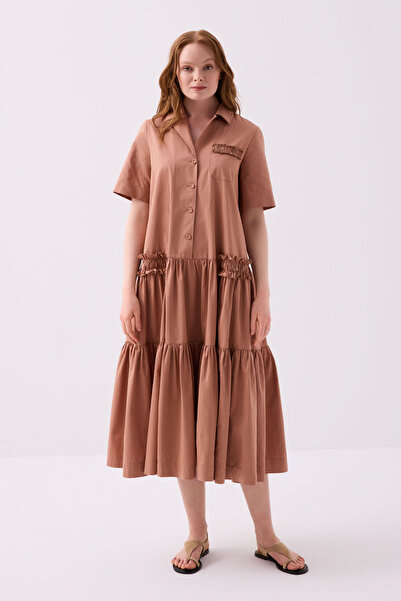 Jus De Pommes MOCHA RENGİ KISA KOLLU CEKET YAKA VOLANLI UZUN ELBİSE