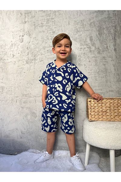 Sipsirin Blue Zebra Patterned Linen Shirt and Shorts Set (Ages 3-10)