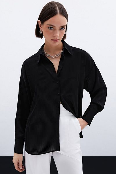 Sateen Cămașă cu model linie - neagră