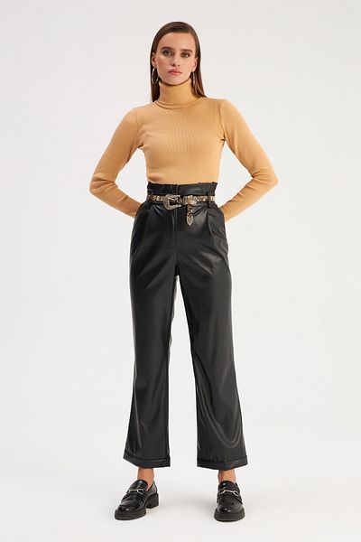 Sateen Double Leg Belted Leather Trousers - Black