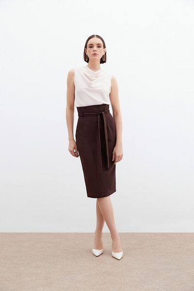 Sateen Belted Pencil Skirt - Brown