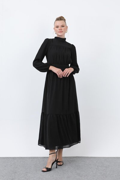 Puane Kadın Drape Detaylı Yüksek Yaka Elbise - 12613ELB - Siyah