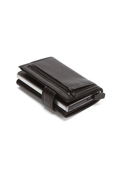 Newish Men's Black Mechanism Wallet with Coin Compartment and Card Holder