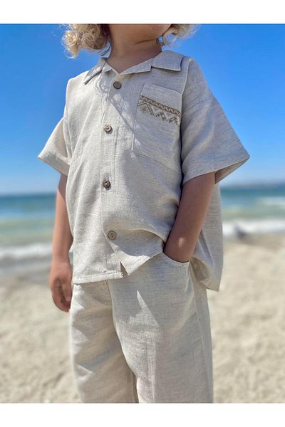 Oliven The Kid Pocket Embroidered Shirt Pants Linen Boy's Set