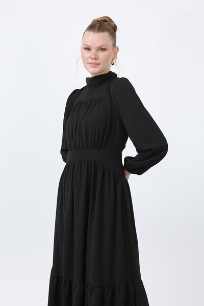 Puane Kadın Drape Detaylı Yüksek Yaka Elbise - 12613ELB - Siyah