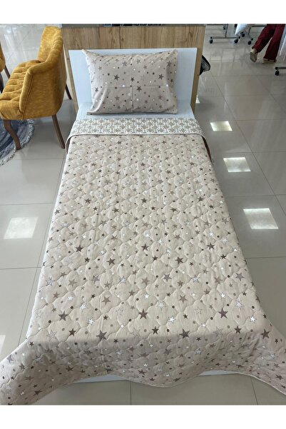 DENİZLİ ÇEYİZ Çift Taraflı Tek Kişilik Kapitone Yatak Örtüsü Takımı Zincir Bej