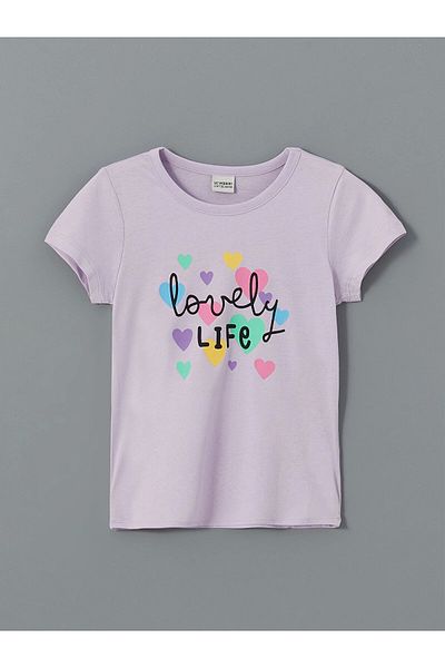 LC Waikiki Lcw Kids Lilac Crew Neck Printed Short Sleeve Girls' Pajamas Set with Shorts