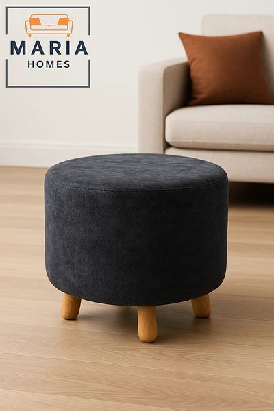 MARIA HOMES Round Dark Gray Velvet Ottoman Stool – Modern Footrest with Wooden Legs for Living Room & Bedroom