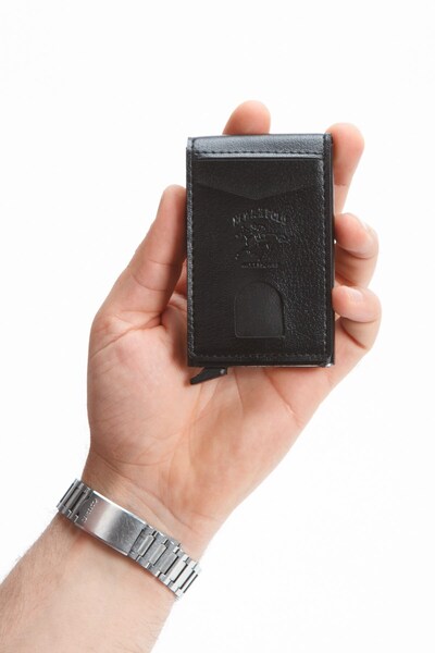 Newish Men's Black Rfid Protected Automatic Mechanism Theft Protection Card Holder Wallet