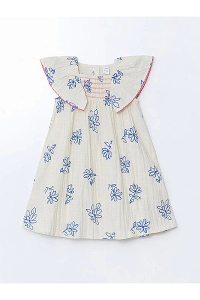 LC Waikiki LCW Kids Ecru Floral Gathered Κοριτσίστικο λινό φόρεμα