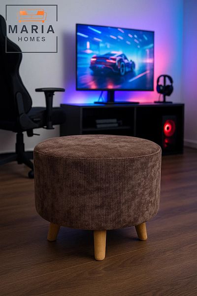 MARIA HOMES Round Brown Velvet Ottoman Stool – Modern Pouffe Footrest with Wooden Legs for Home Decor