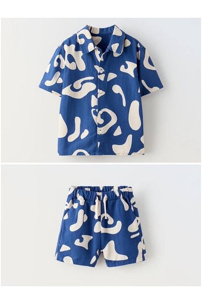 Sipsirin Blue Zebra Patterned Linen Shirt and Shorts Set (Ages 3-10)