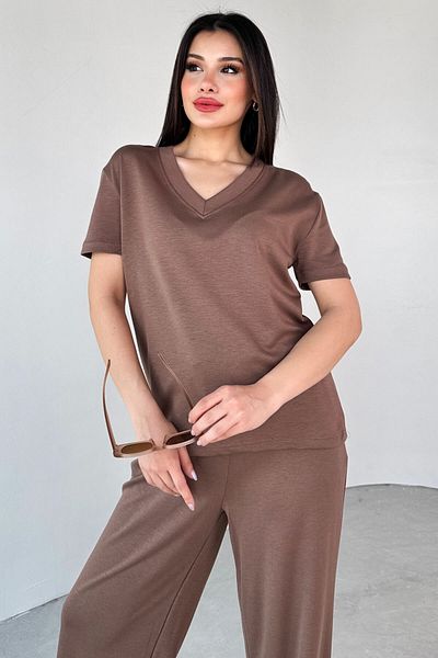 Cappmoda Tkm-13261 Brown V-Neck T-Shirt High Waist Loose Pants Two-Piece Set