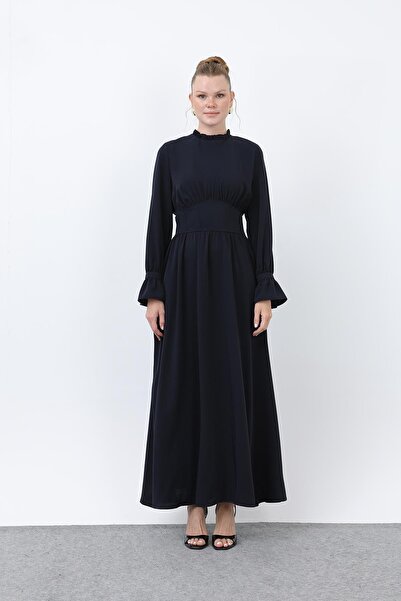 Puane Γυναικείο φόρεμα με κορσάζ στη μέση και λεπτομέρεια στο λαιμό -12614ELB - Σκούρο μπλε