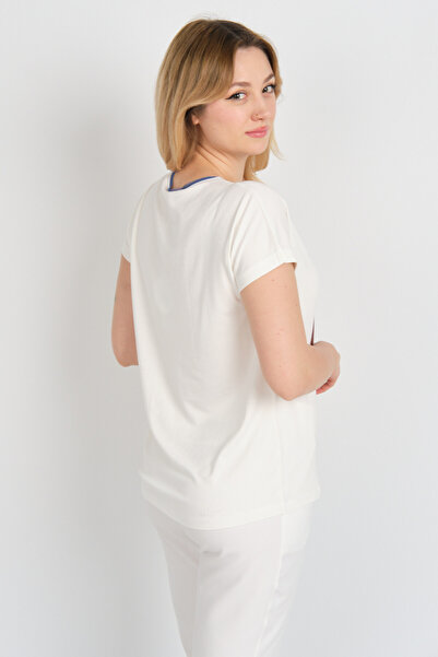 Sistas Women's Low Sleeve Crew Neck Patterned Blouse 24300 Ecru