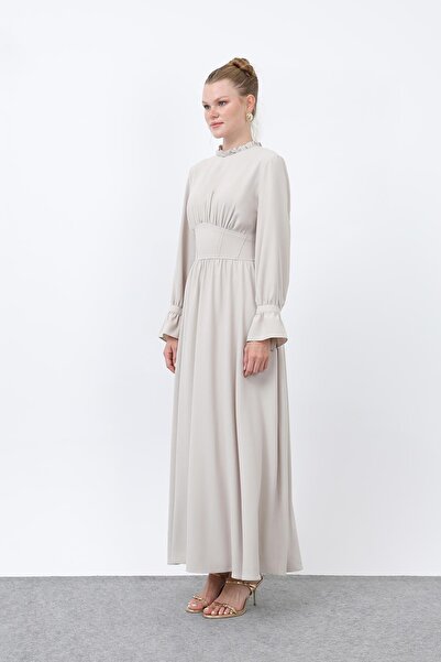 Puane Γυναικείο φόρεμα με κορσάζ στη μέση και λεπτομέρεια στο λαιμό -12614ELB - Μπεζ