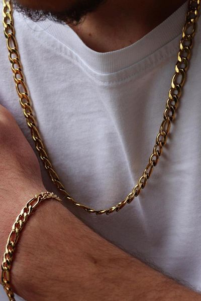 Takı Dükkanı Gold Figaro 3e1 Steel Men's Bracelet and Necklace Chain Set Ack06srs