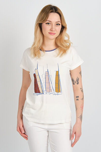 Sistas Women's Low Sleeve Crew Neck Patterned Blouse 24300 Ecru