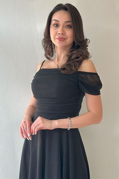 zks grup tekstil Women Midi Length Flared Strap Off Shoulder Evening Dress Navy Blue, Burgundy, White, Purple, Black, Lilac