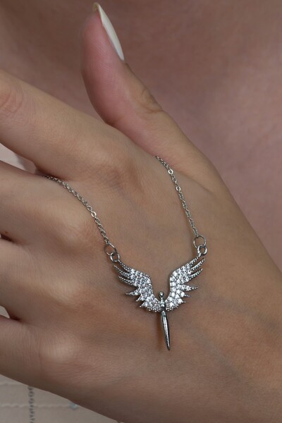 Takı Dükkanı Gümüş Kaplama Zirkon Taşlı Mikail Melek Kolye bbk19b