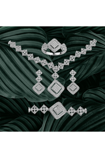 TRİA SİLVER 925 Ayar Gümüş Kare Taşlı Takı Seti | Kolye Ucu, Bileklik Ucu, Yü...